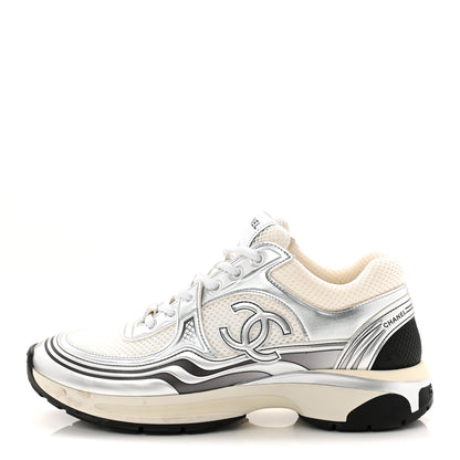 Chanel Fabric Laminated Calfskin Stretch CC Womens Sneakers 40 White Silver 1 of 11