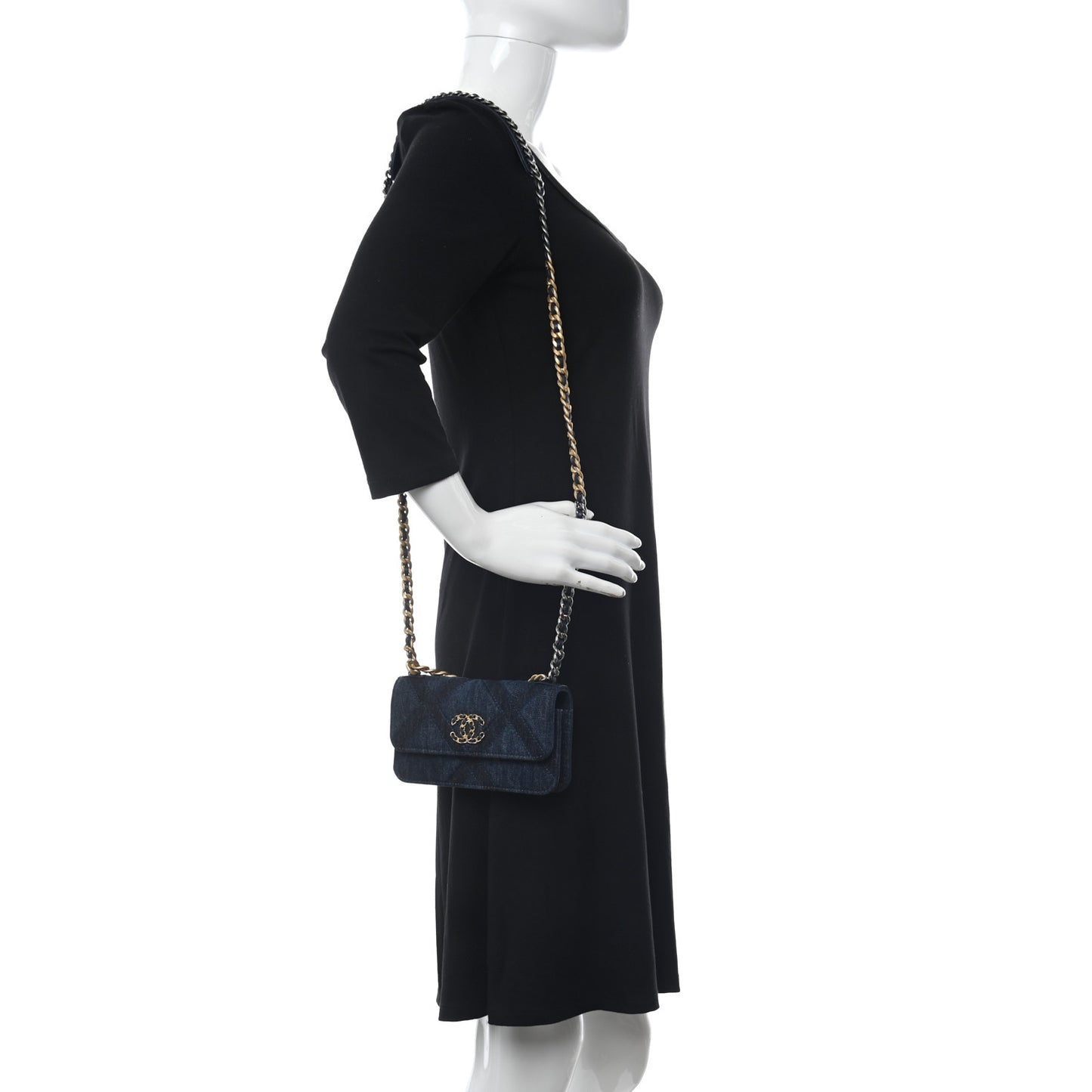 Denim Quilted Chanel 19 Flap Phone Holder With Chain Blue