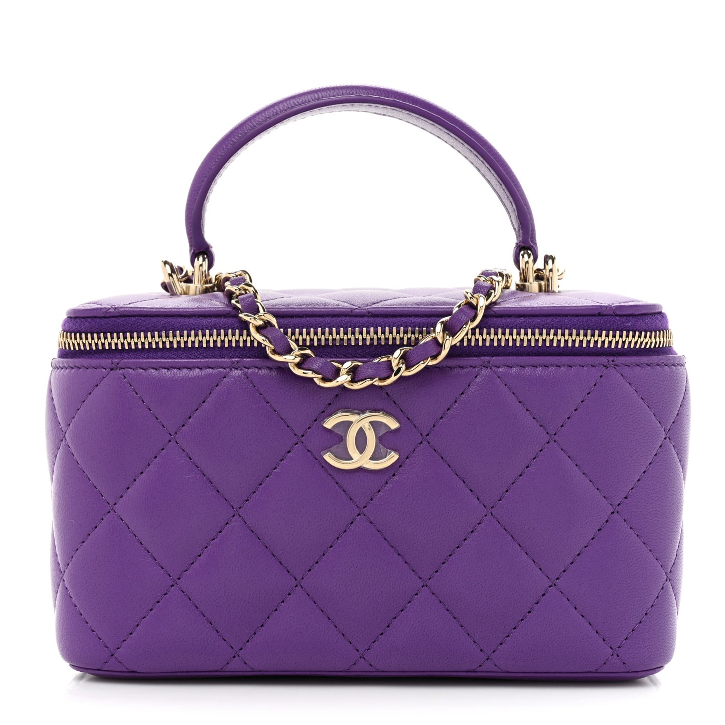 Lambskin Quilted Small Top Handle Vanity Case With Chain Purple