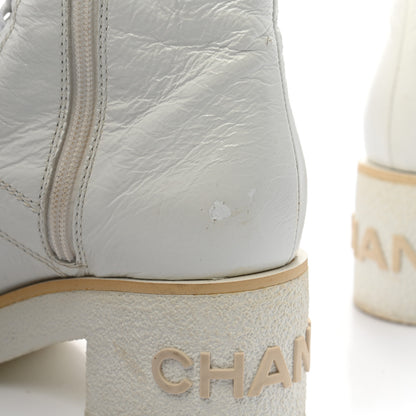 Chanel Shiny Crumpled Lambskin Lace Up Combat Boots 37 White 10 of 11