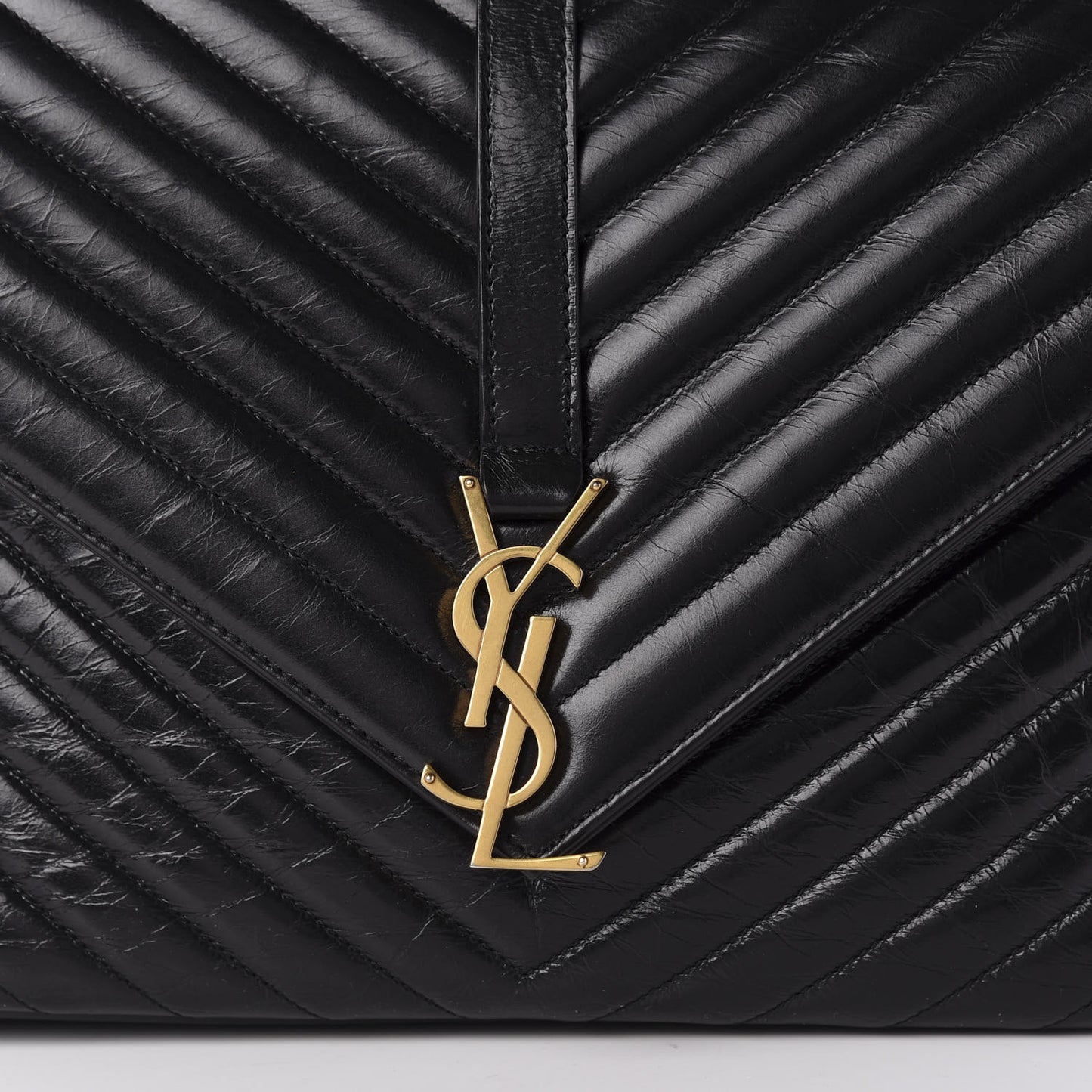 Cracked Shiny Calfskin Matelasse Chevron Monogram Large College Satchel Black