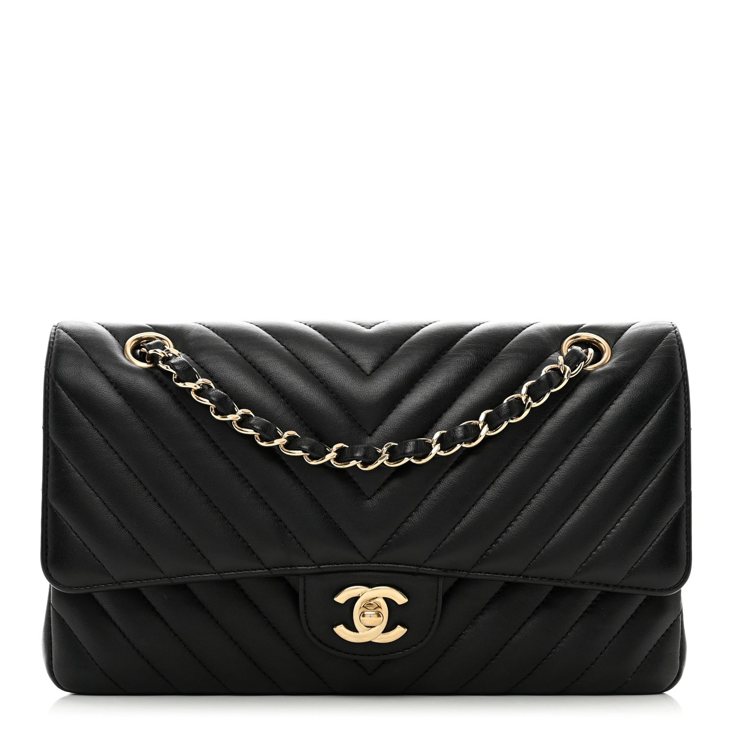 Lambskin Chevron Quilted Medium Double Flap Black
