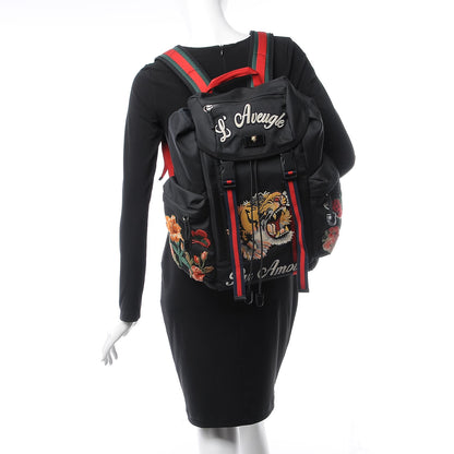 Gucci Techno Canvas Web L'Aveugle Par Amour Embroidered Double Buckle Backpack Black 2 of 8