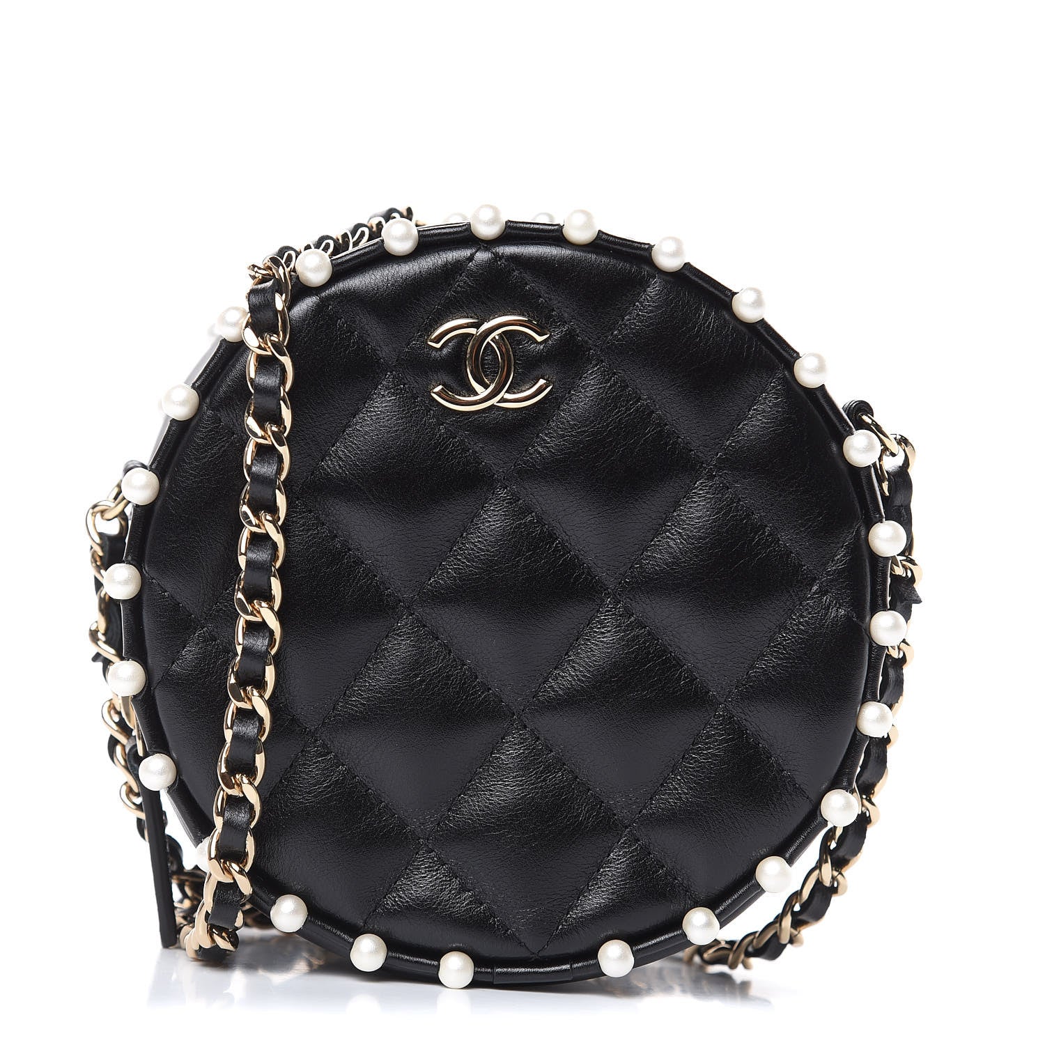Chanel Calfskin Quilted Pearl Round Clutch With Chain Black 1 of 10