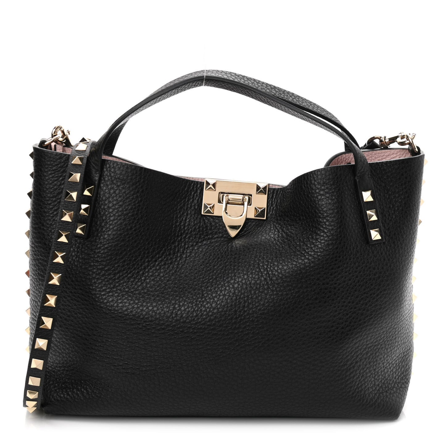 Grained Calfskin Small Rockstud Flip Lock Tote Black Rose Quartz