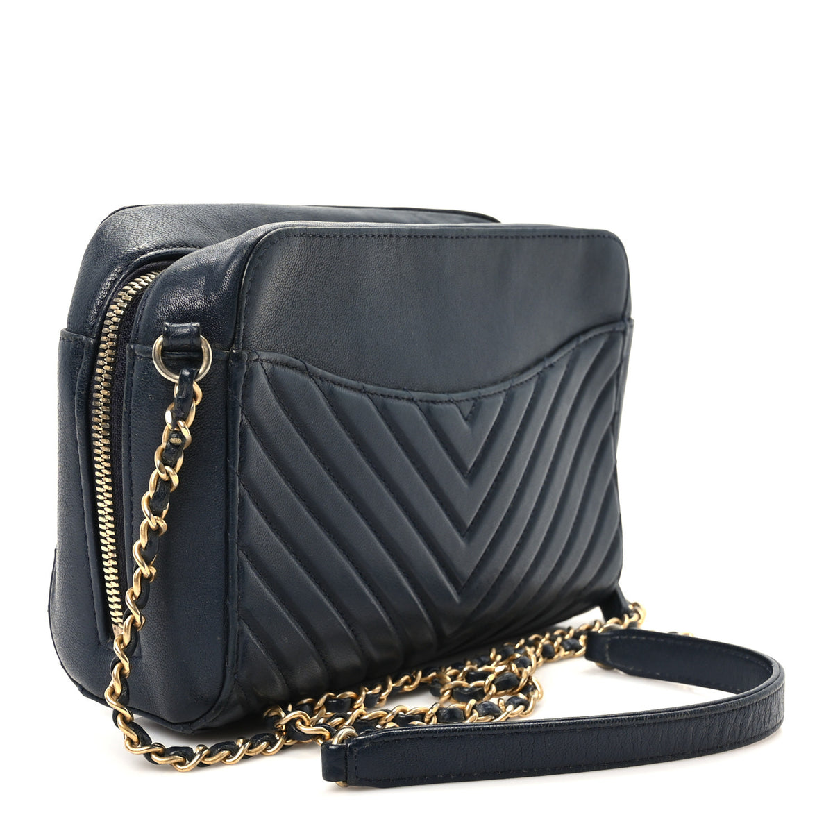 Chanel Shiny Sheepskin Chevron Quilted Collar and Tie Camera Case Navy 2 of 9