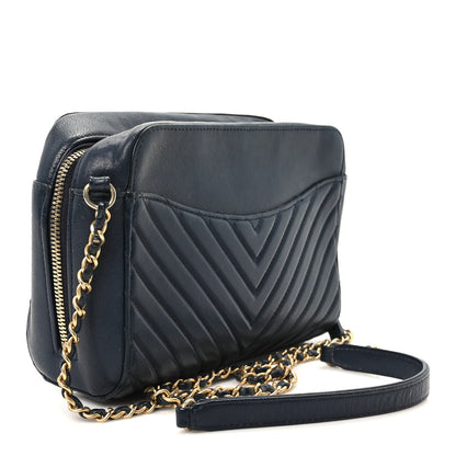 Chanel Shiny Sheepskin Chevron Quilted Collar and Tie Camera Case Navy 2 of 9