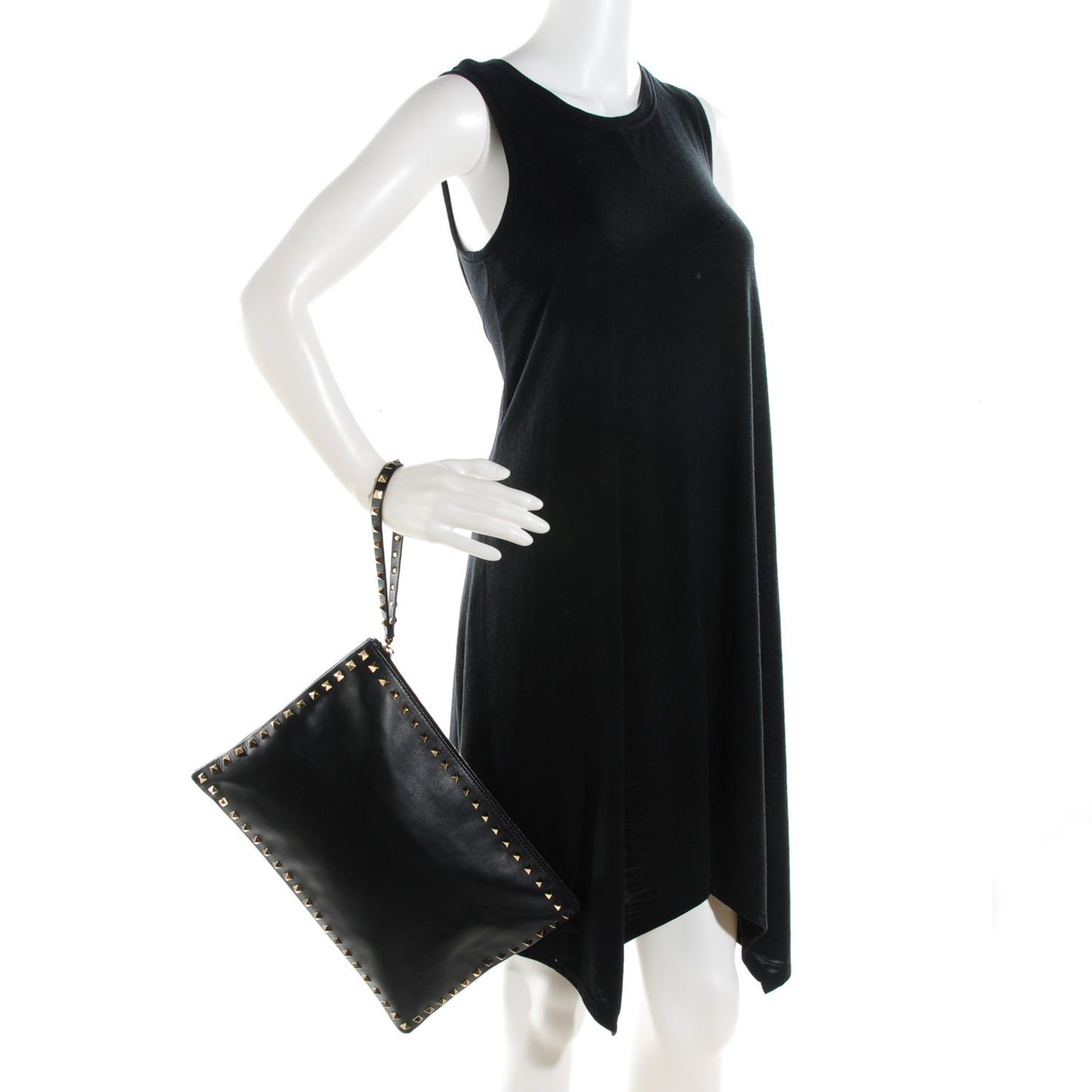 Vitello Large Rockstud Zip Wristlet Pouch Black