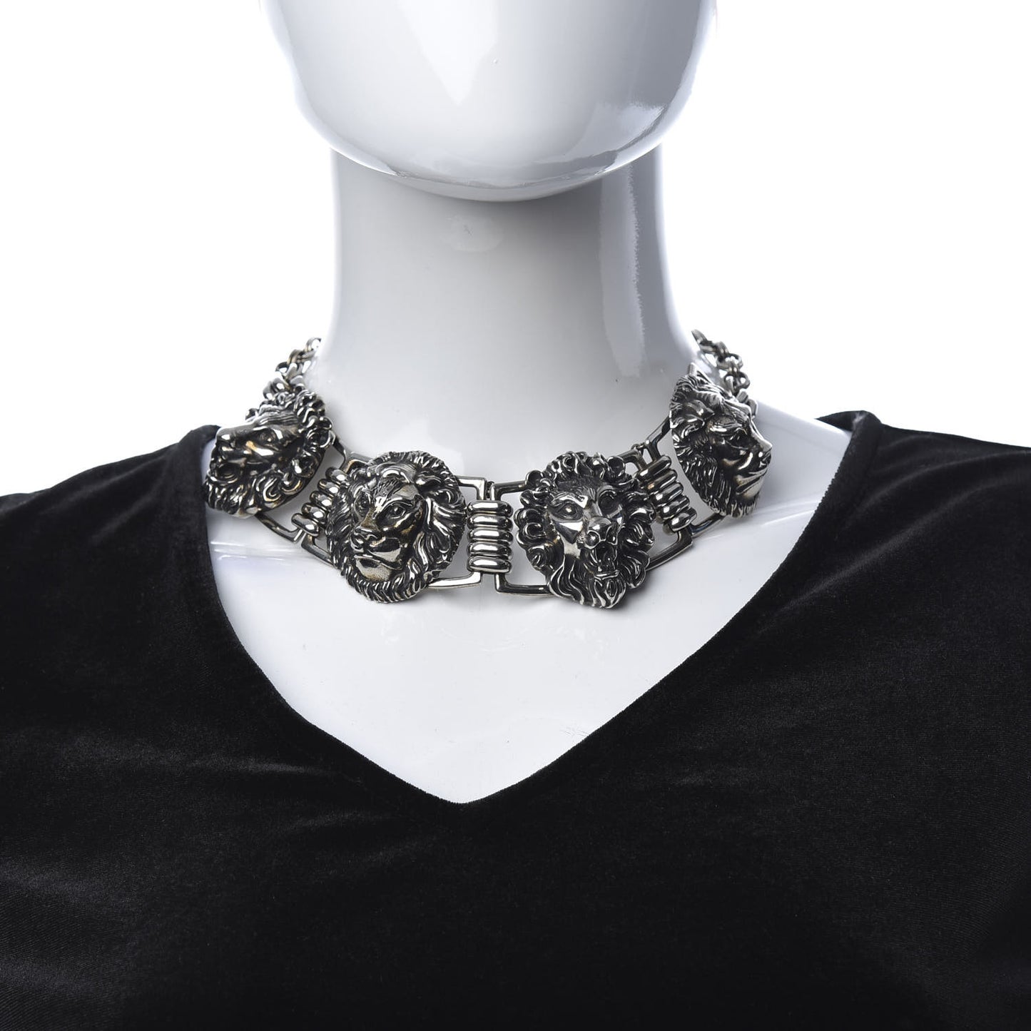 Metal Lion Heads Necklace Aged Silver