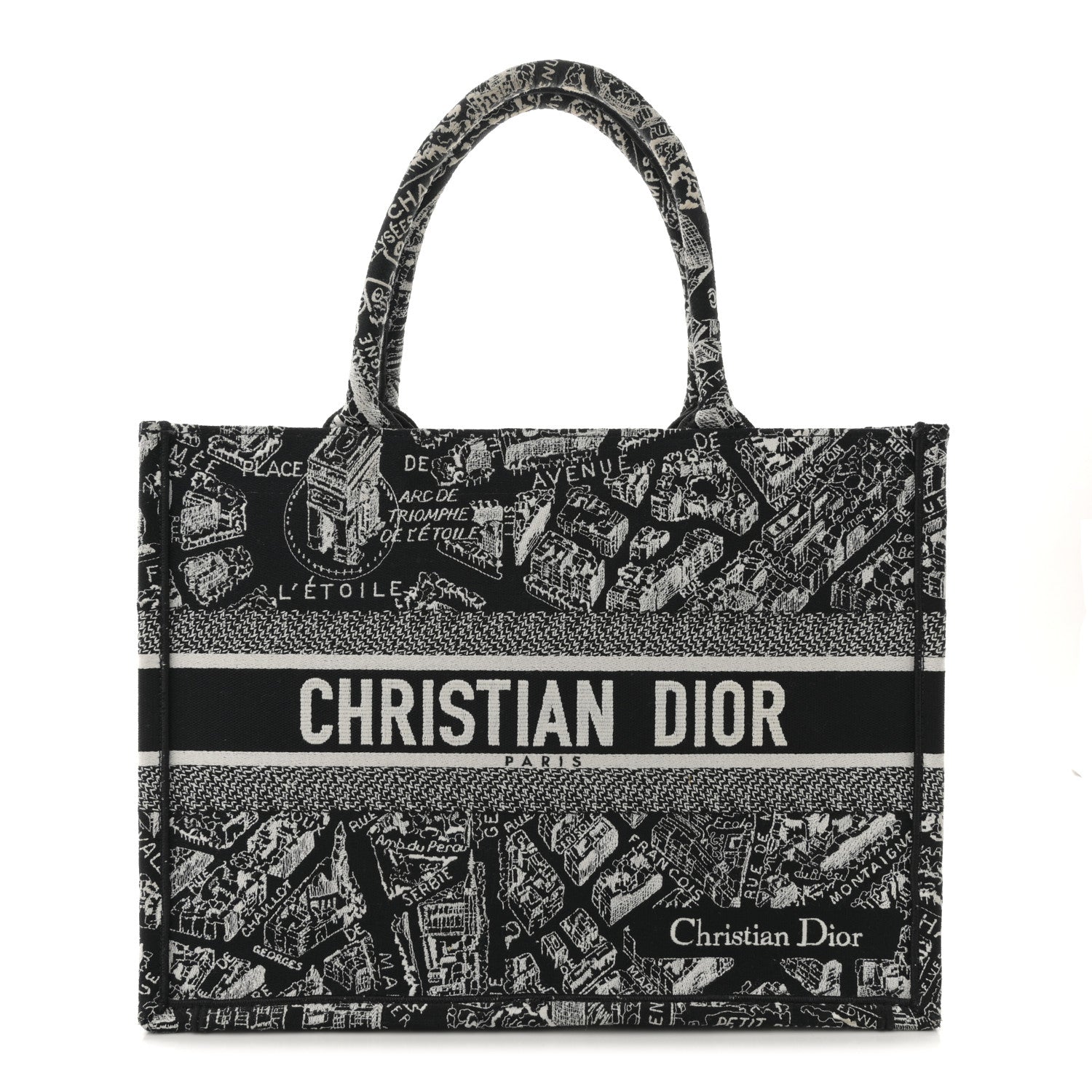 Christian Dior Canvas Embroidered Medium Plan De Paris Book Tote Black White 1 of 11