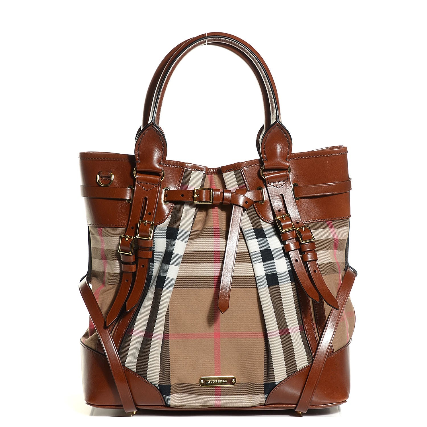 Burberry Bridle Calfskin House Check Large Whipstitch Tote Dark Tan 1 of 11