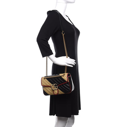 Gucci Vintage Effect Calfskin Matelasse Diagonal Striped Small Torchon GG Marmont Shoulder Bag Black Beige 2 of 10