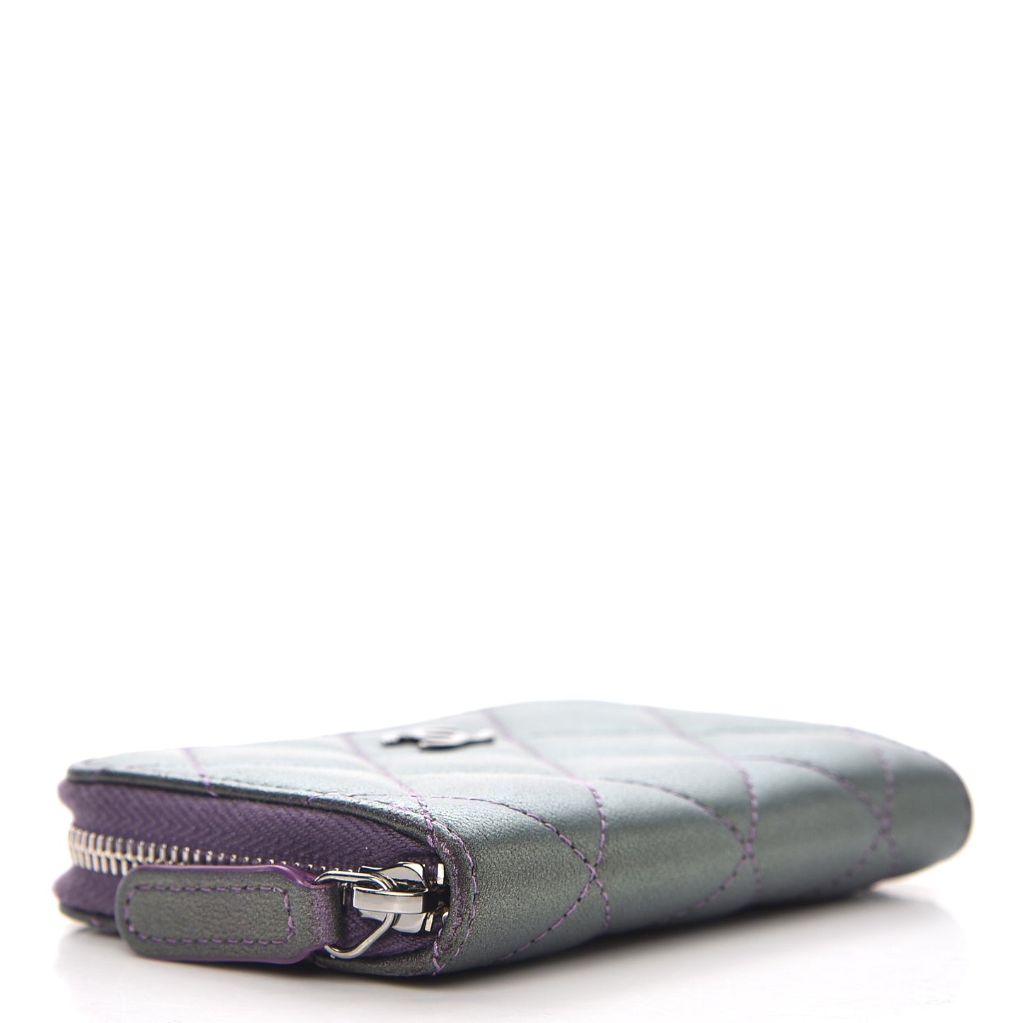 Metallic Lambskin Quilted Zip Around Coin Purse Wallet Dark Purple