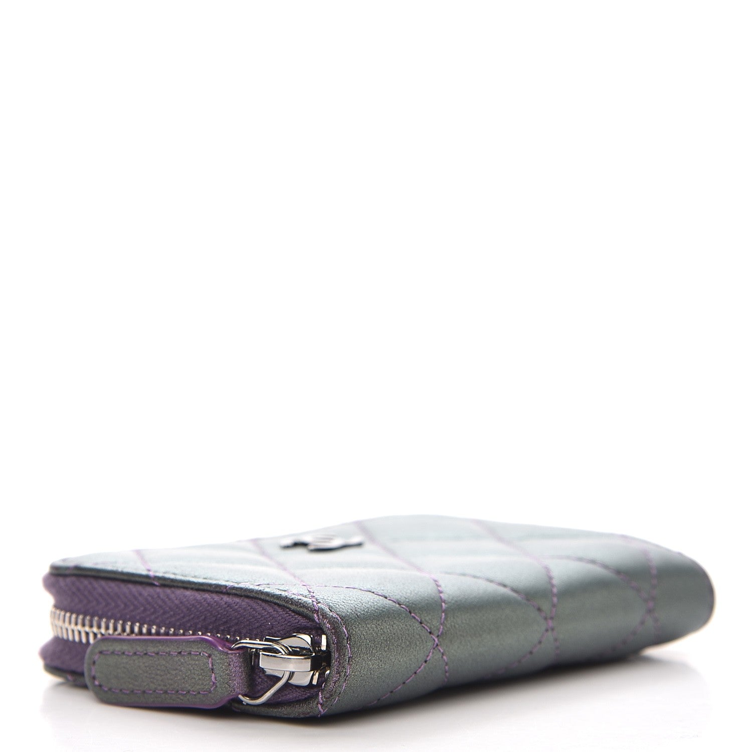 Chanel Metallic Lambskin Quilted Zip Around Coin Purse Wallet Dark Purple 4 of 7