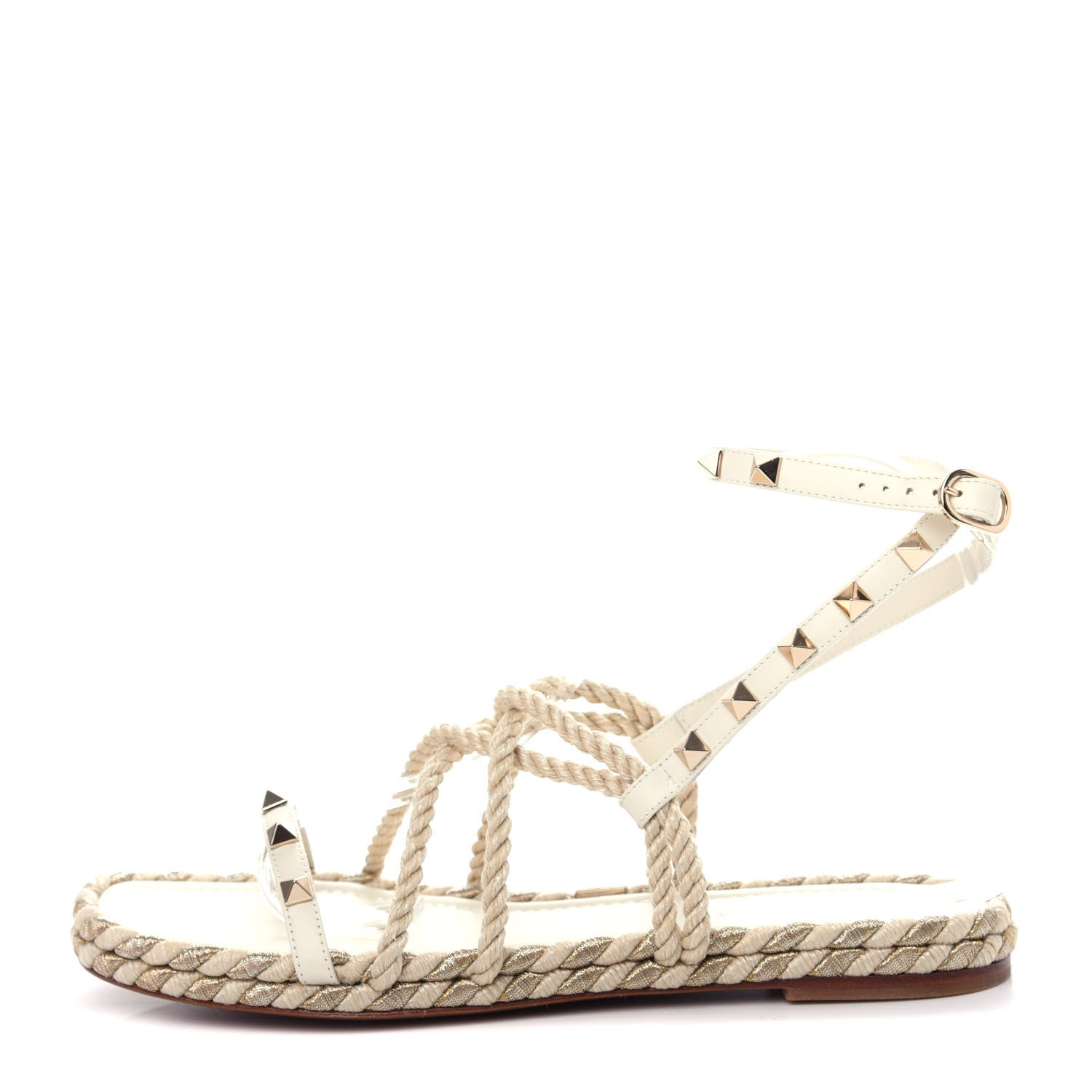 Valentino Garavani Calfskin Rockstud Torchon Rope Espadrille Flat Sandals 39 Light Ivory 1 of 9
