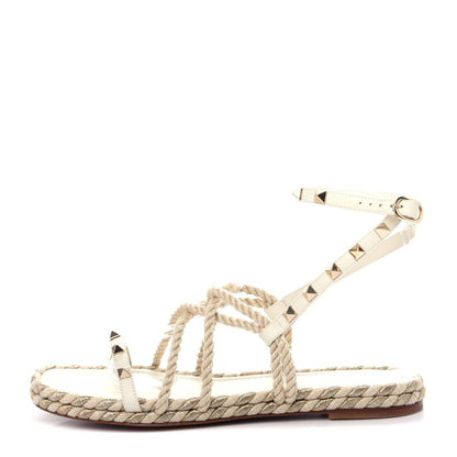 Valentino Garavani Calfskin Rockstud Torchon Rope Espadrille Flat Sandals 39 Light Ivory 1 of 9
