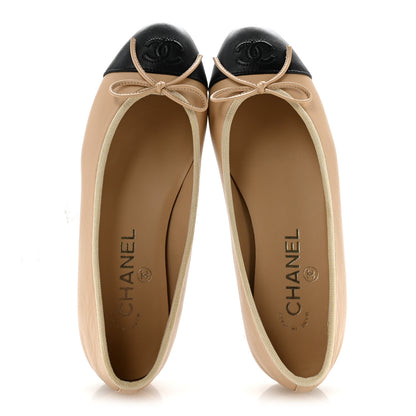 Chanel Lambskin Cap Toe CC Ballerina Flats 36.5 Beige Black 2 of 10
