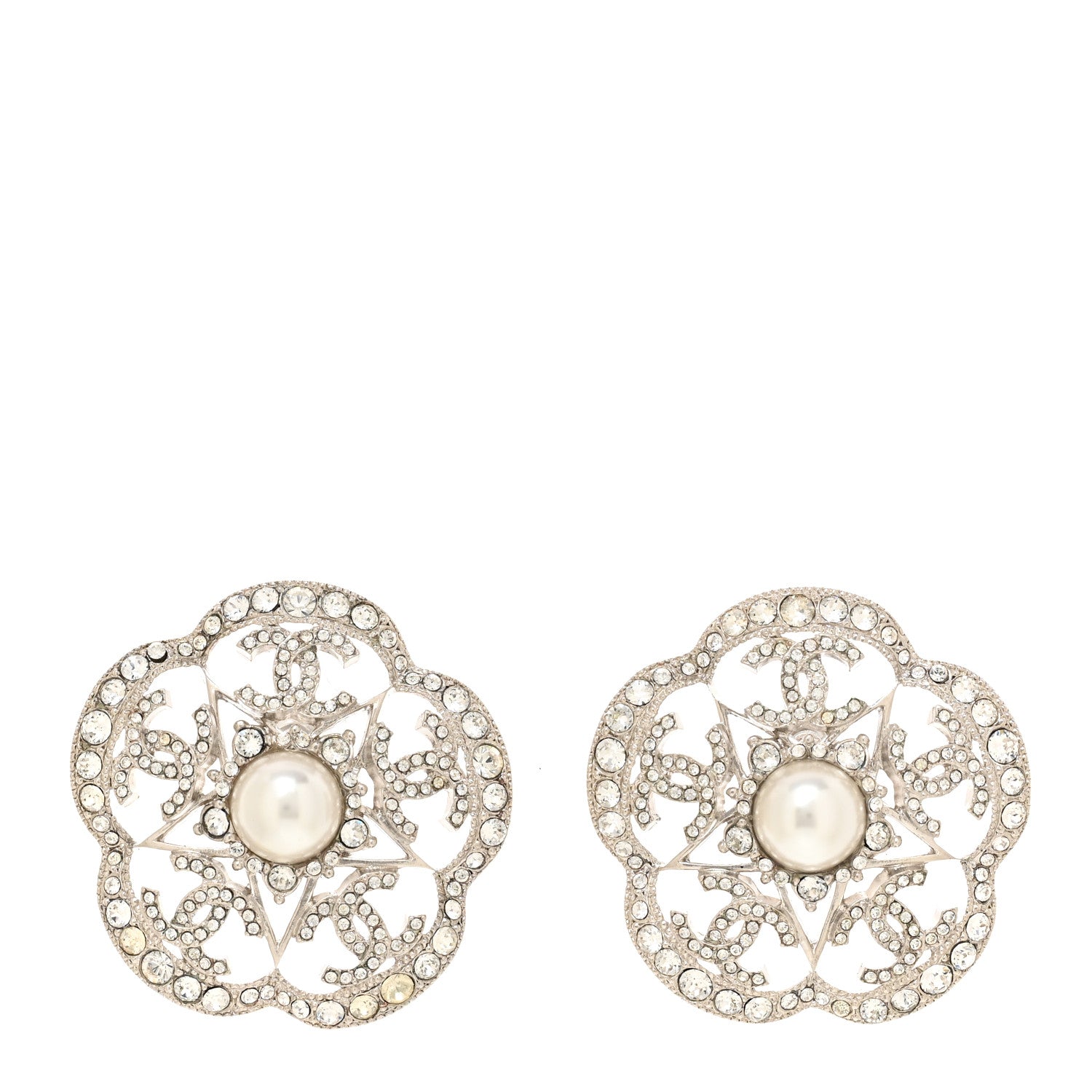 Chanel Crystal Pearl Large Camellia CC Earrings Silver 1 of 5