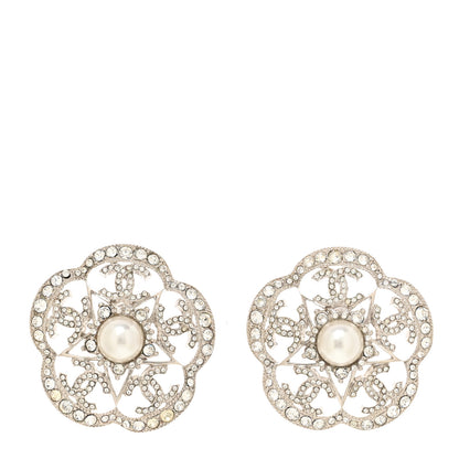 Chanel Crystal Pearl Large Camellia CC Earrings Silver 1 of 5