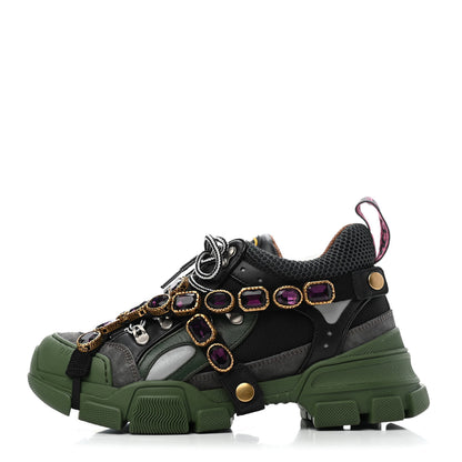 Gucci X SEGA Mesh Suede Calfskin Removable Crystals Flashtrek Sneakers 38 Loess Black Olive Green 1 of 4
