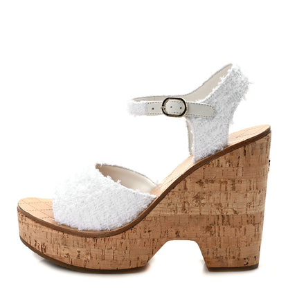 Chanel Tweed Cork CC Wedge Sandals 40 White 1 of 8