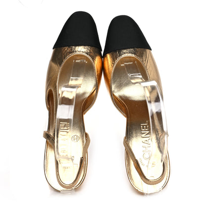 Chanel Laminated Crumpled Lambskin Grosgrain Cap Toe CC Slingback Pumps 38 Gold Black 2 of 8