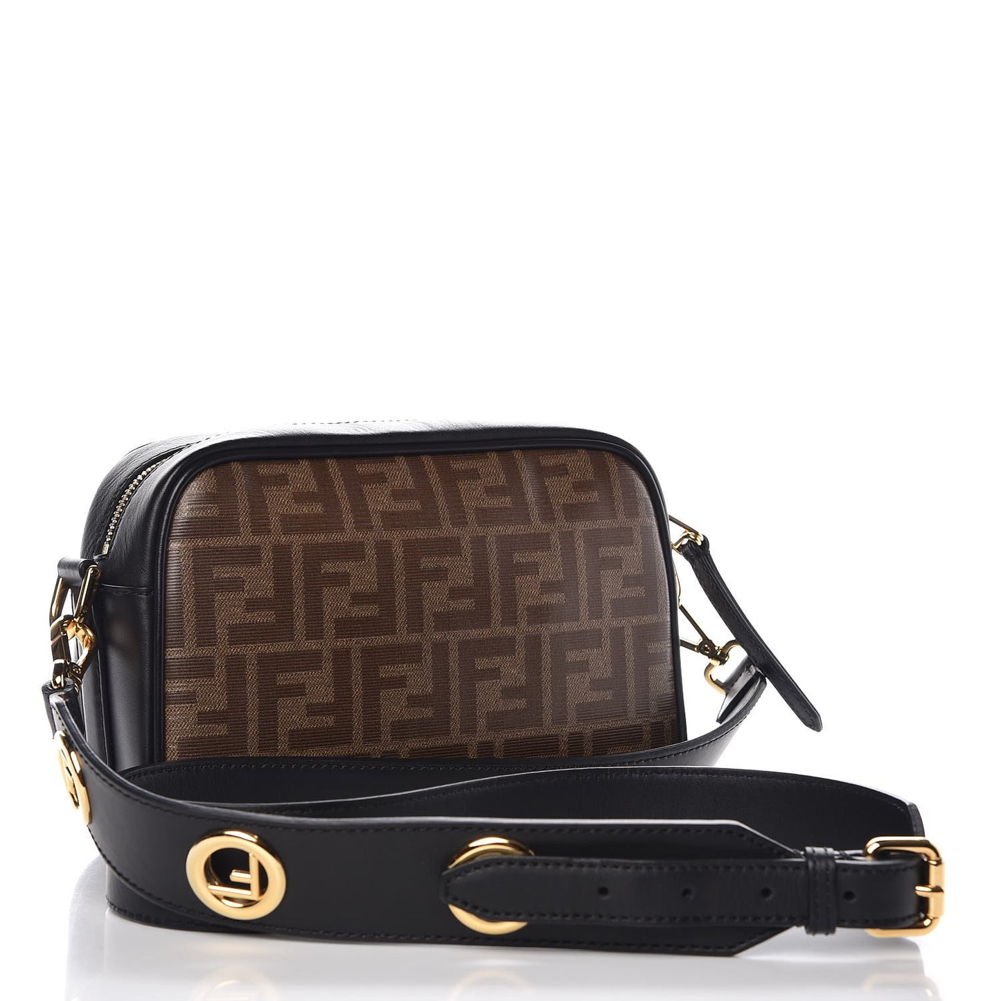 Glazed Fabric Vitello Century F is Fendi FF 1974 Stamp Patch Camera Case Mogano Panna Black