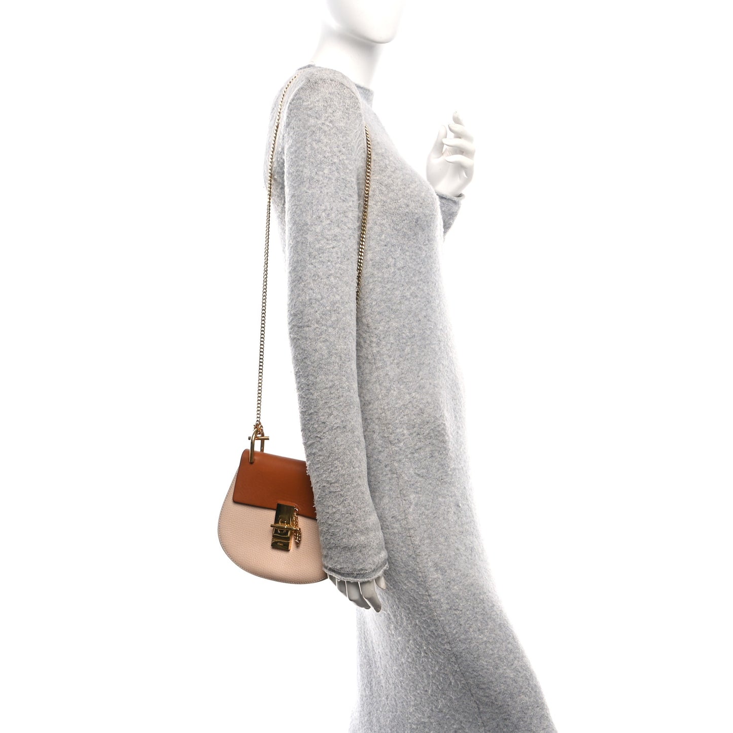Grained Calfskin Lambskin Bi-Color Drew Shoulder Bag Powder Beige Caramel