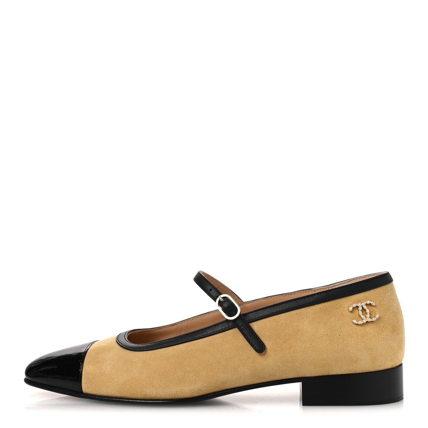 Suede Kidskin Lambskin Patent Calfskin Cap Toe CC Mary Jane Flats 39 Beige Black