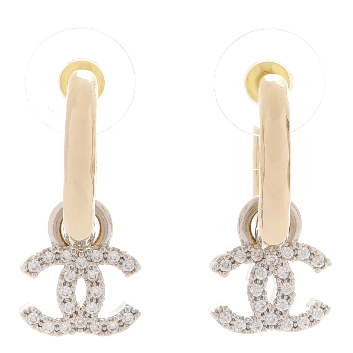 Chanel Metal Crystal CC Hoop Drop Earrings Gold 1 of 5