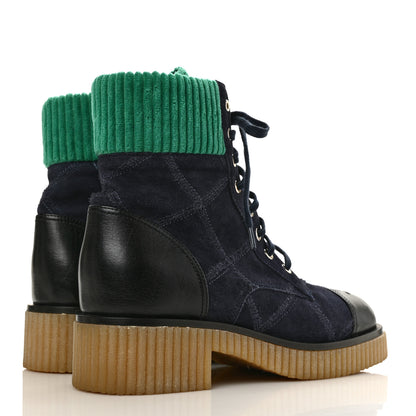 Chanel Suede Calfskin Velvet Quilted CC Combat Boots 39.5 Navy Green Black 4 of 9