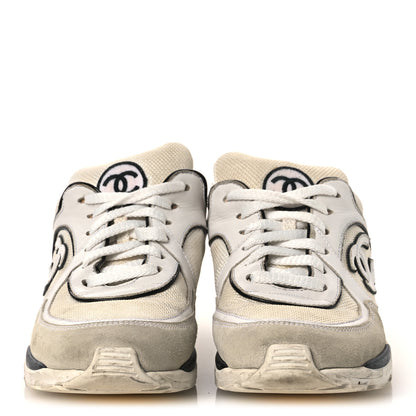 Chanel Mesh Suede Calfskin Grosgrain Womens CC Sneakers 37.5 White Black 3 of 14