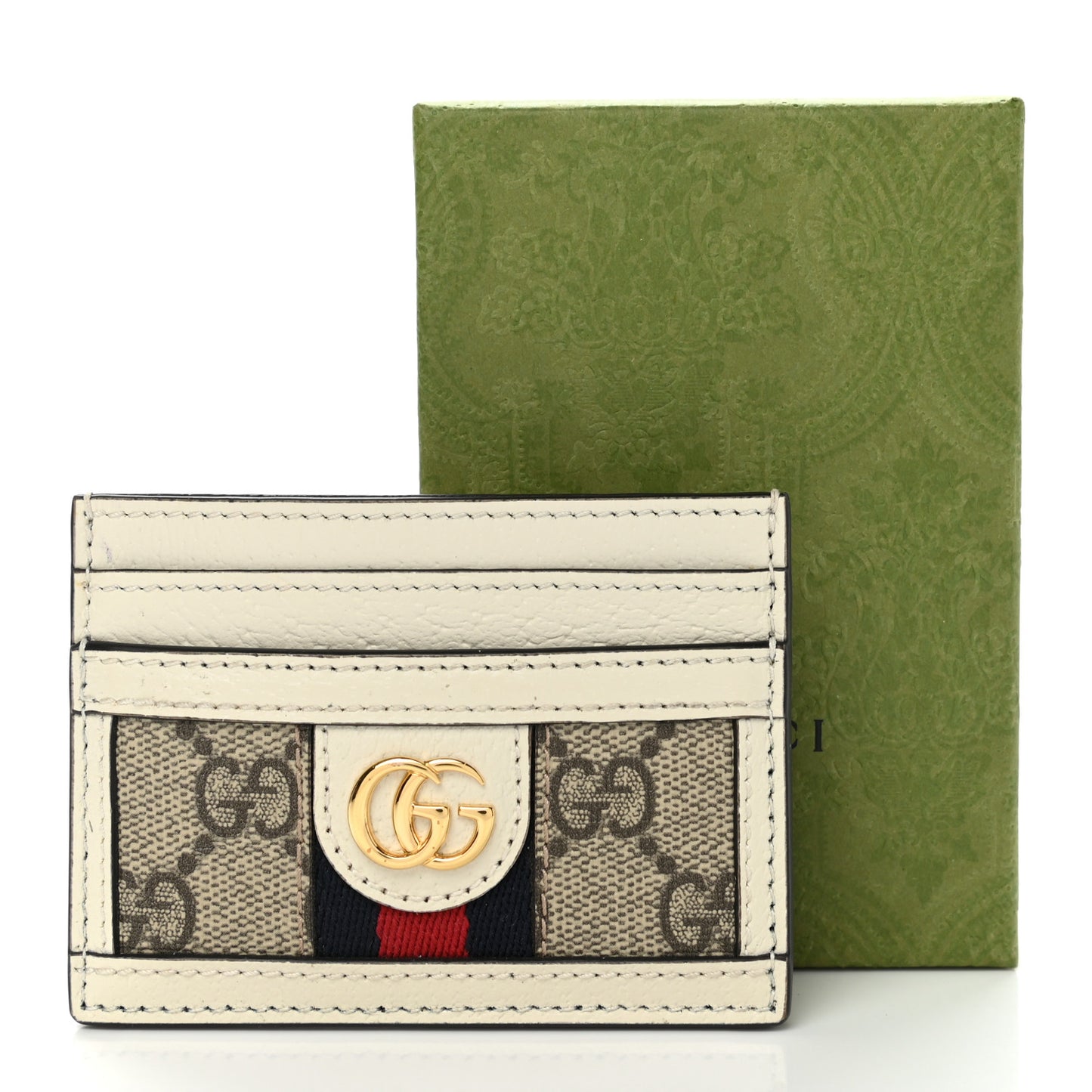 GG Supreme Monogram Textured Calfskin Web Ophidia Card Holder Beige Ebony Mystic White