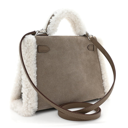 Hermes Veau Grizzly Mouton Shearling Swift Teddy Mini Kelly 20 Gris Caillou Ecru Etoupe 3 of 9