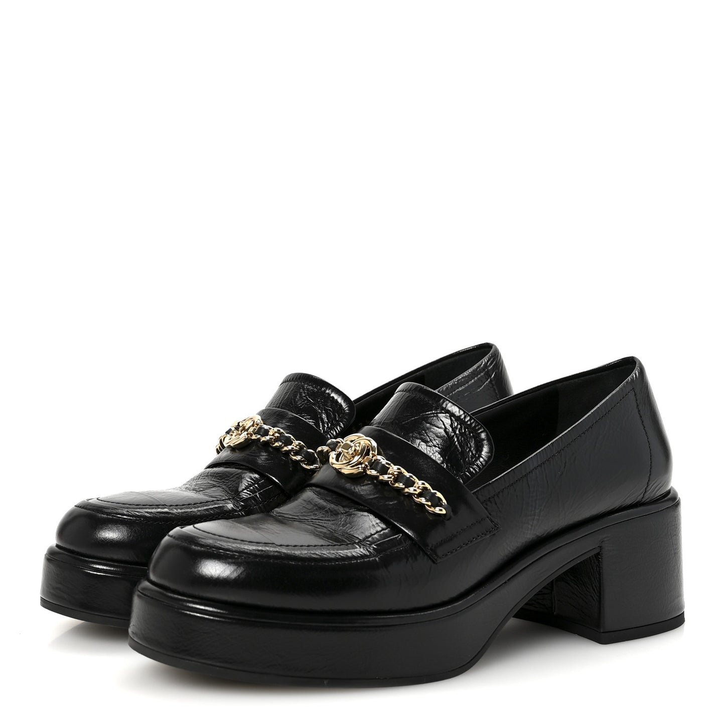 Shiny Calfskin Logo Platform Loafers 37.5 Black