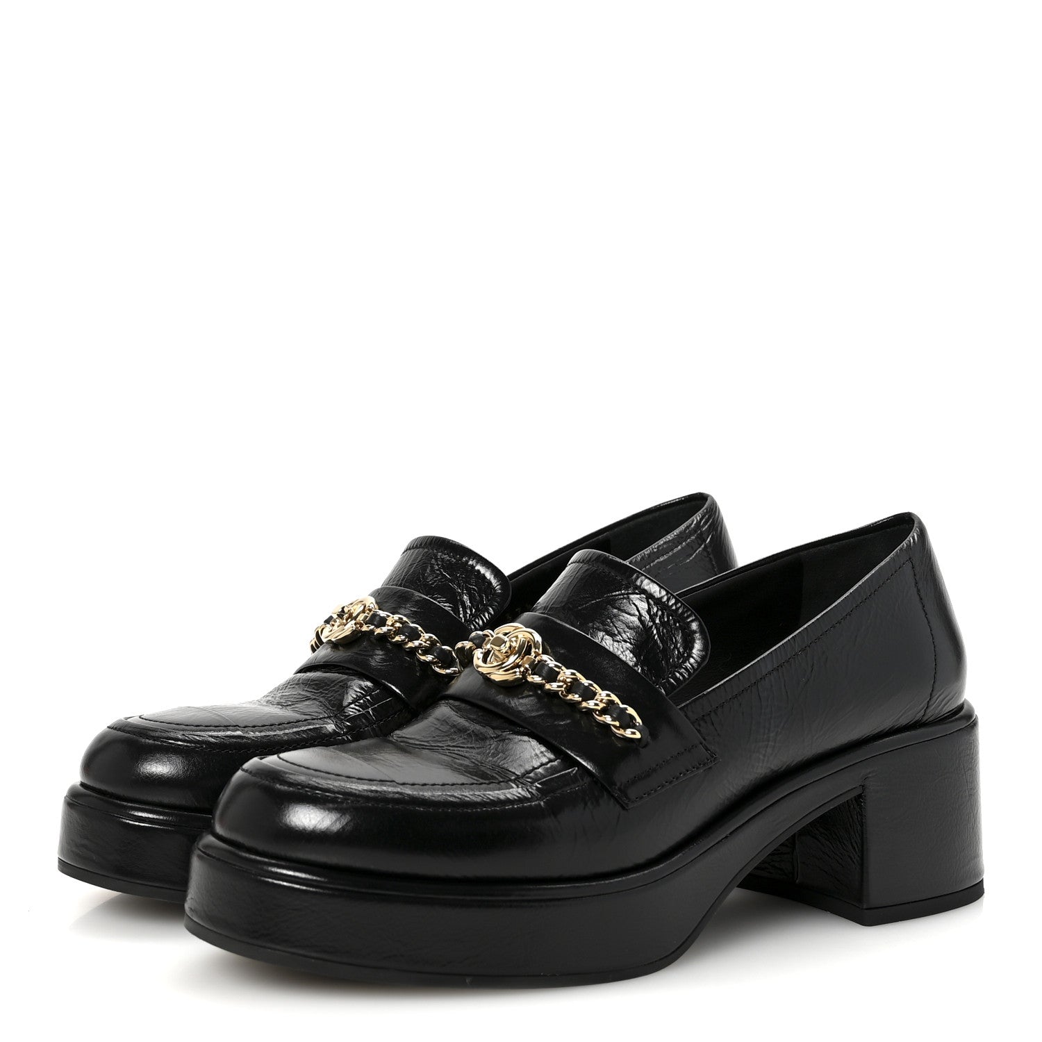Chanel Shiny Calfskin Logo Platform Loafers 37.5 Black 4 of 9