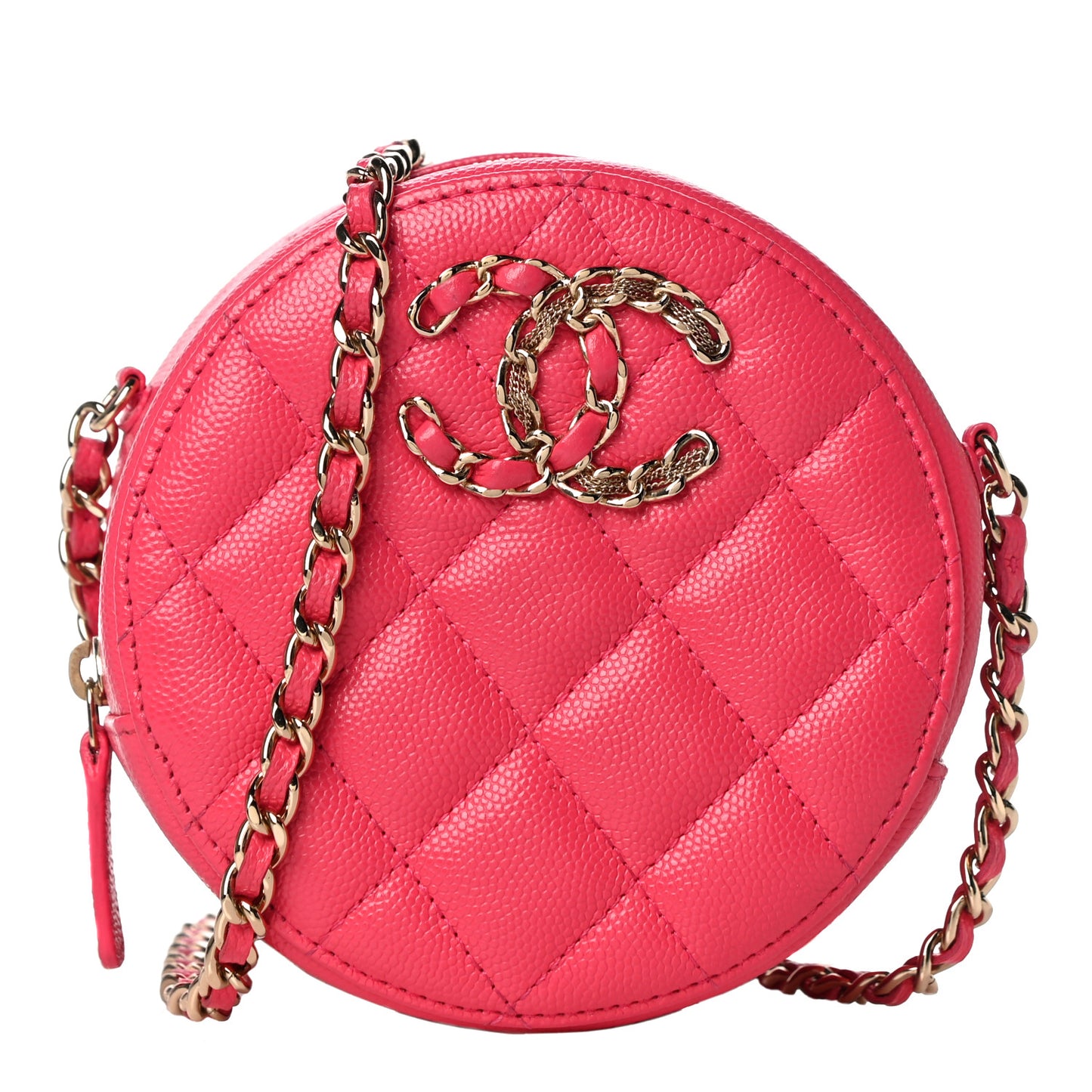 Caviar Quilted French New Wave Round Clutch With Chain Pink