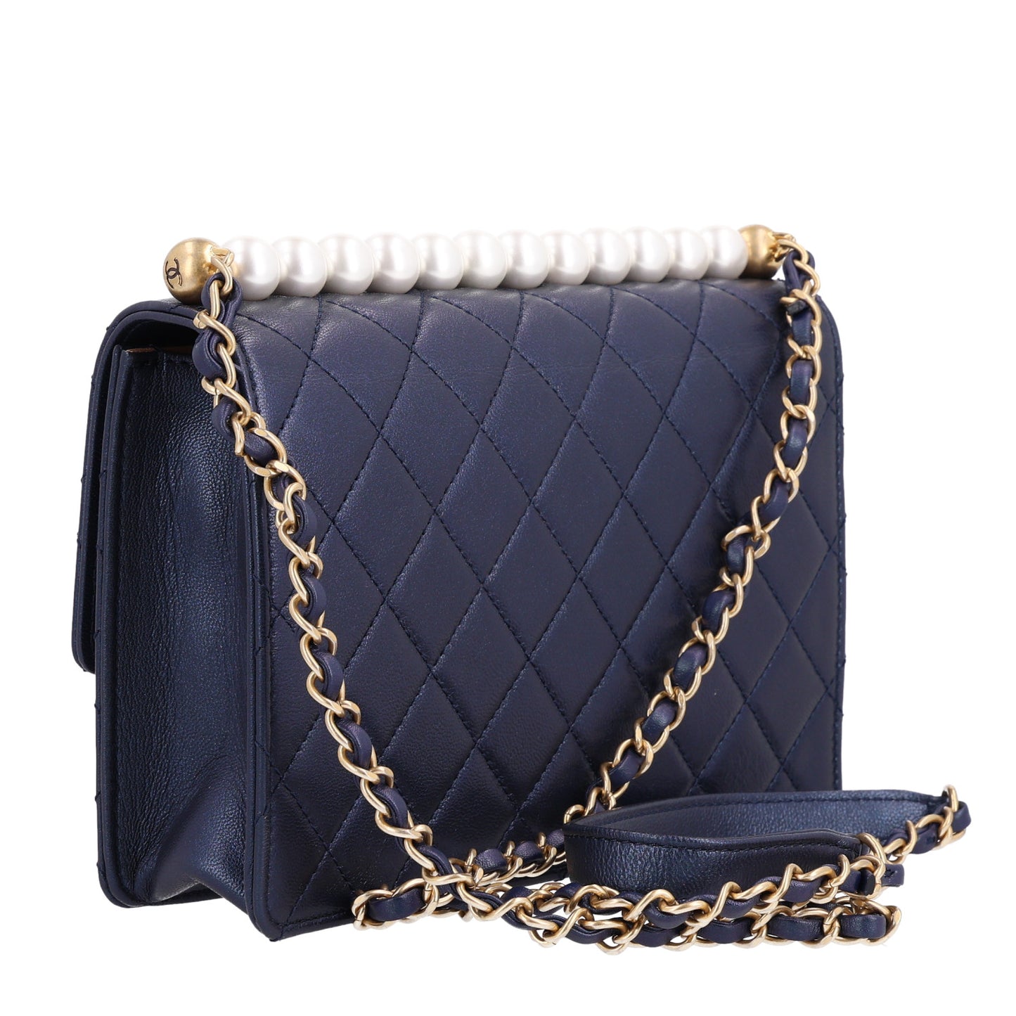 Iridescent Lambskin Quilted Small Chic Pearls Flap Blue