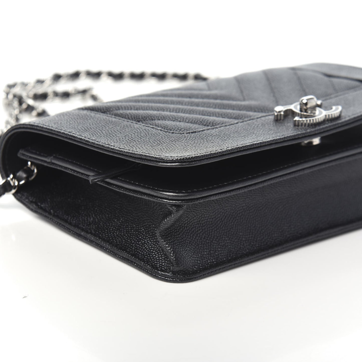 Caviar Chevron Quilted Vintage Mademoiselle Wallet On Chain WOC Charcoal