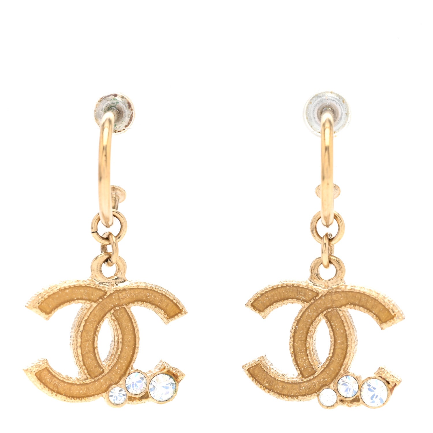 Chanel CC Crystal Hoop Drop Earrings Matte Gold 1 of 4