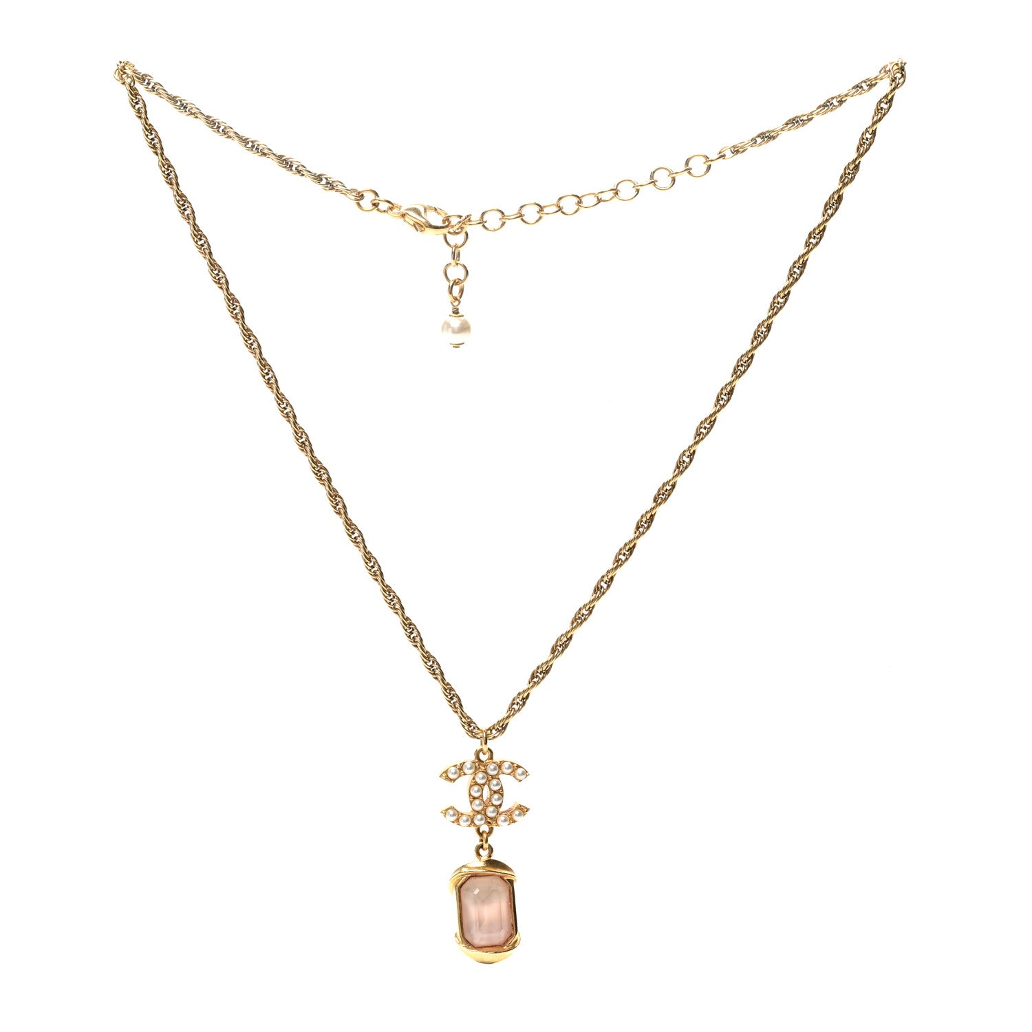 Chanel Pearl Crystal CC Pendant Necklace Gold Pink Pearly White 3 of 7