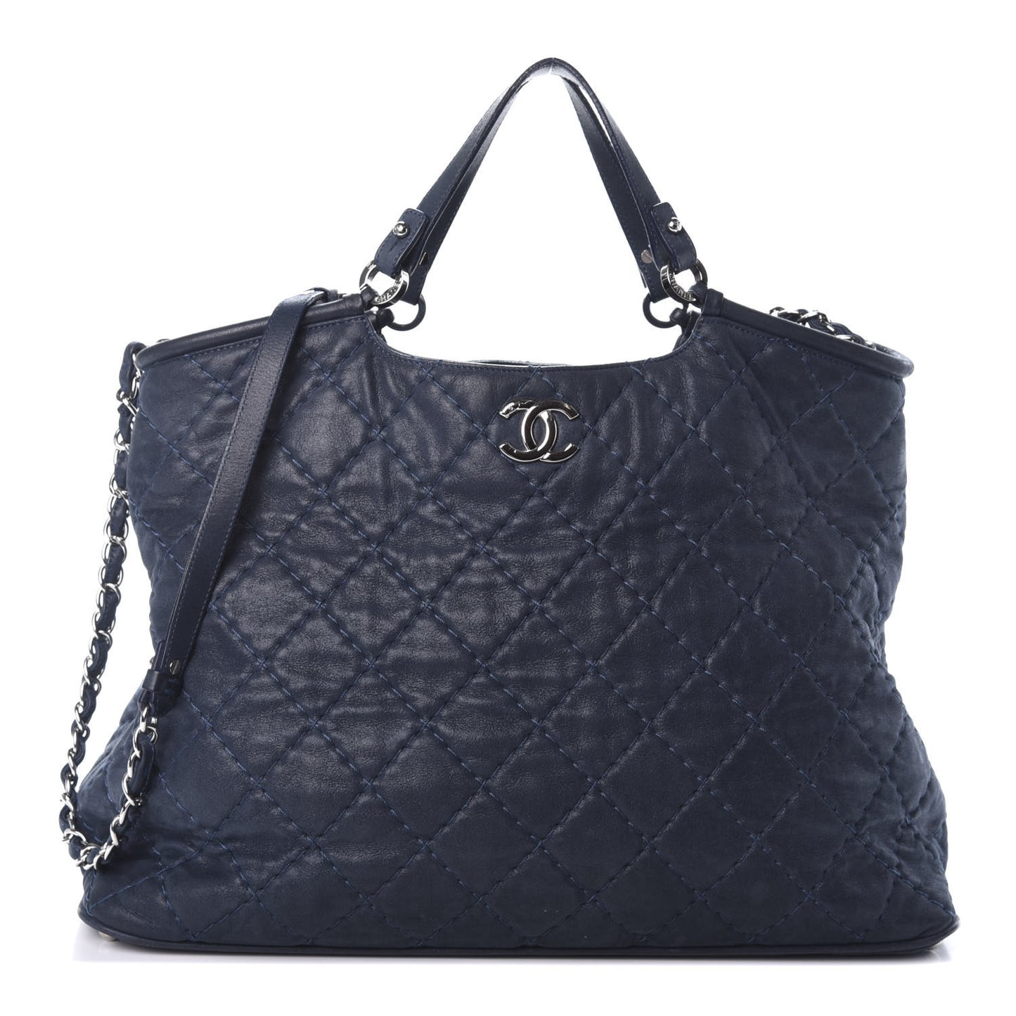 Iridescent Calfskin Quilted Large Sea Hit Tote Navy