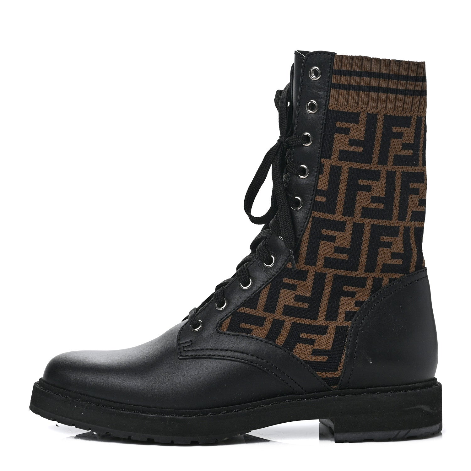 Fendi Calfskin Stretch Fabric FF Rockoko Biker Boots 40 Black Tobacco 1 of 11
