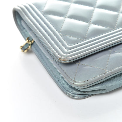 Chanel Metallic Patent Calfskin Quilted Boy Wallet on Chain WOC Light Blue 14 of 15