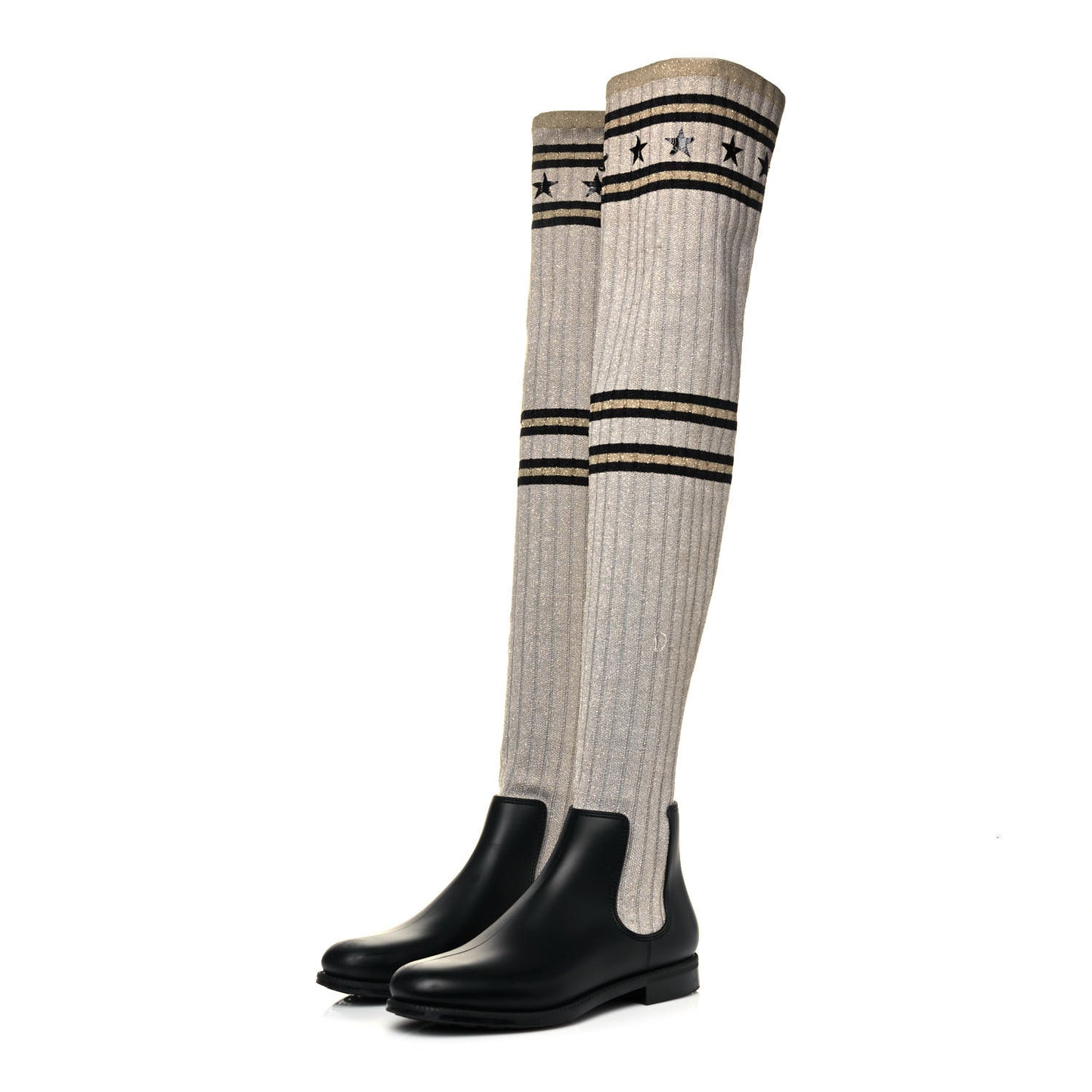 Knit Rubber Storm Over The Knee Boots 40 Silver Gold