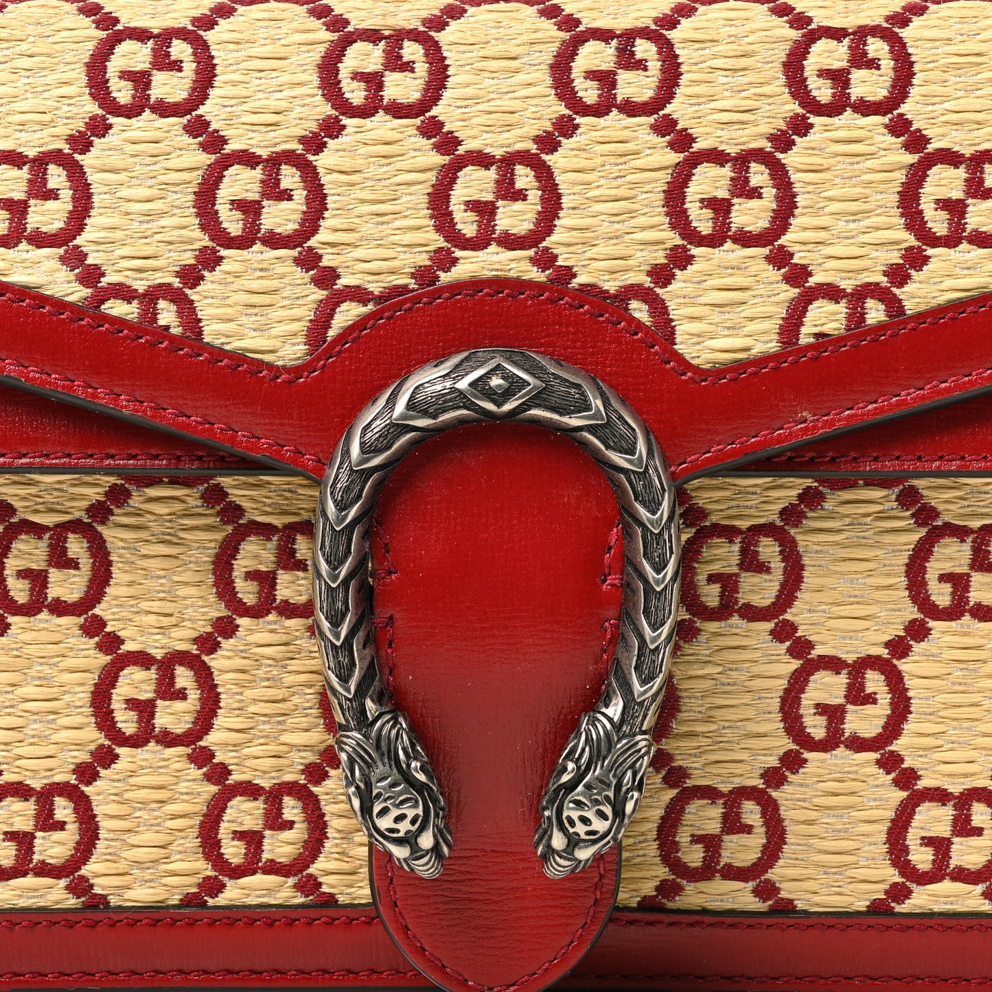Straw Jacquard Azalea Calfskin GG Monogram Small Dionysus Shoulder Bag Natural New Cherry Red
