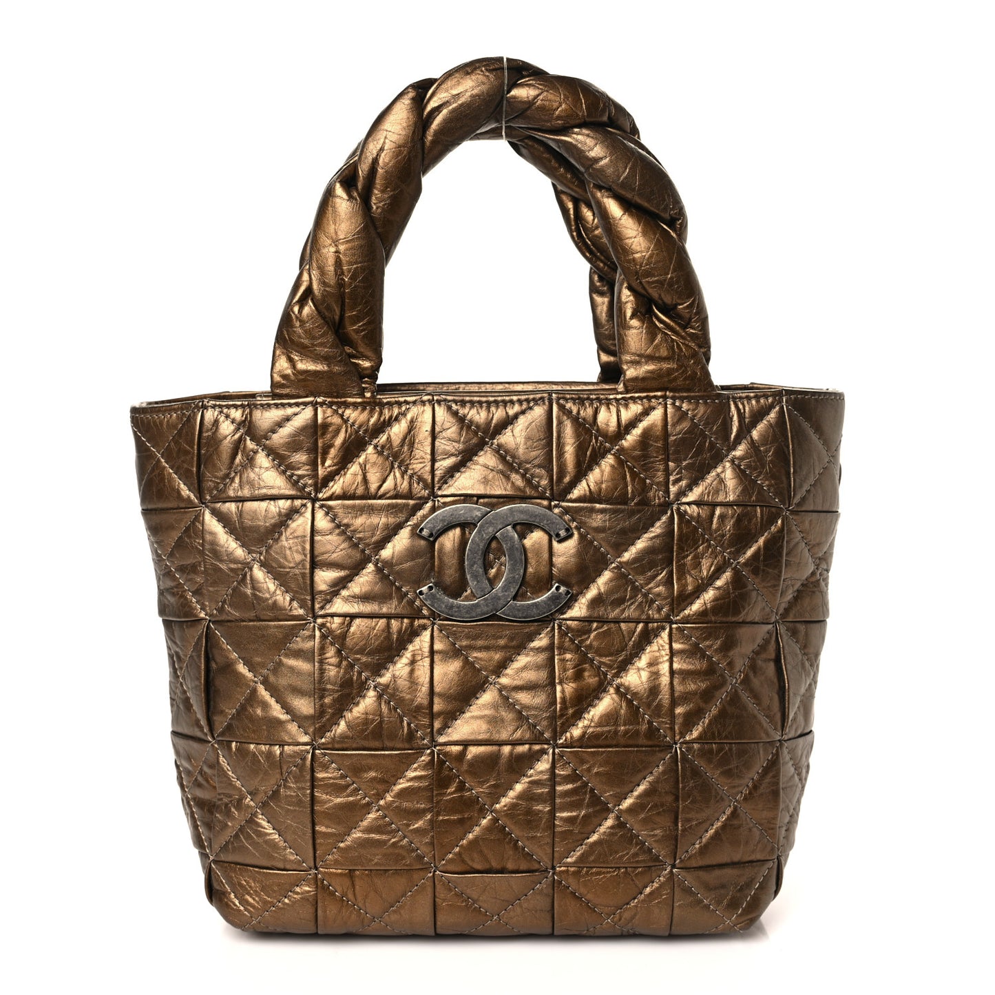 Metallic Aged Calfskin Quilted Small Origami Tote Bronze