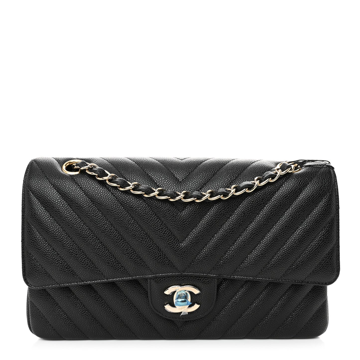 Caviar Chevron Quilted Medium Double Flap Black
