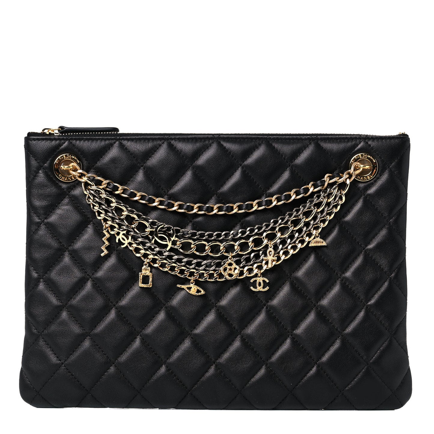 Lambskin Quilted Egyptian Amulet Zipped Pouch Black