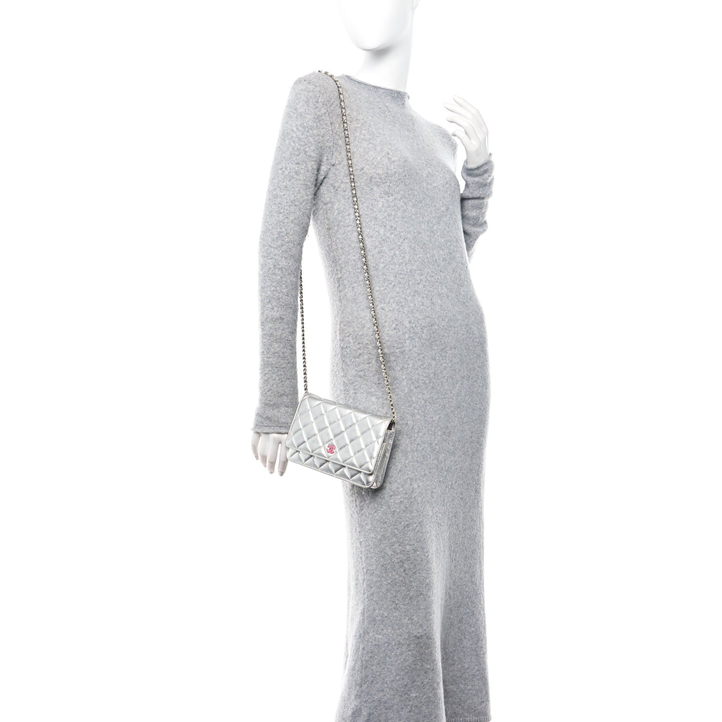 Metallic Lambskin Quilted Wallet On Chain WOC Silver